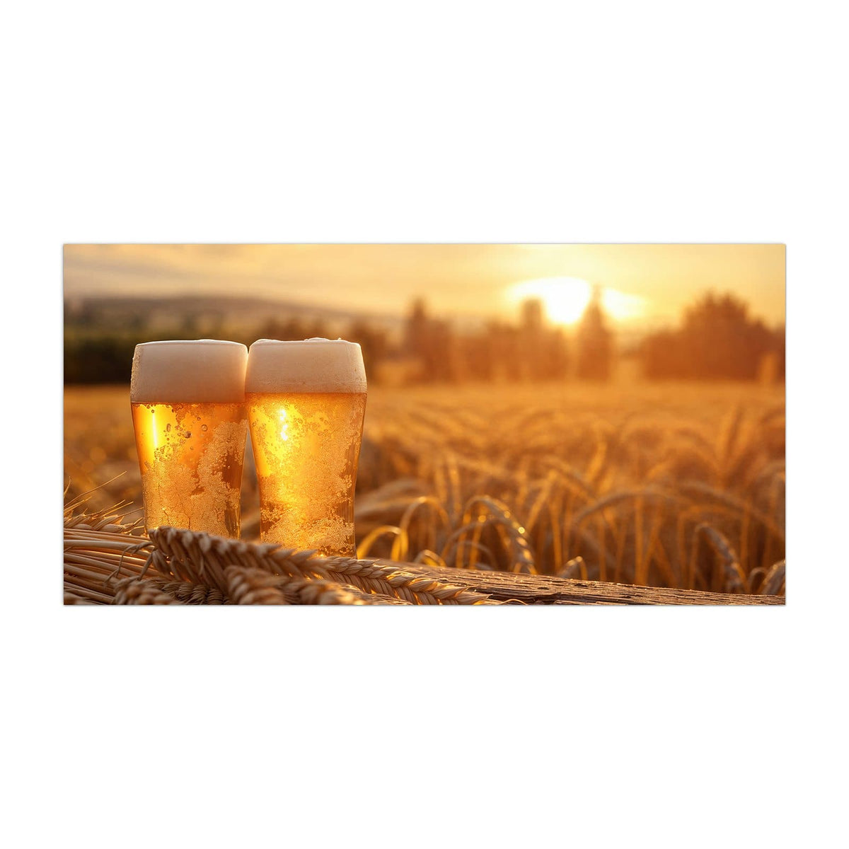 Küchenrückwand aus Glas Biergläser im Kornfeld im Hochformat, Motiv bildfüllend von vorn