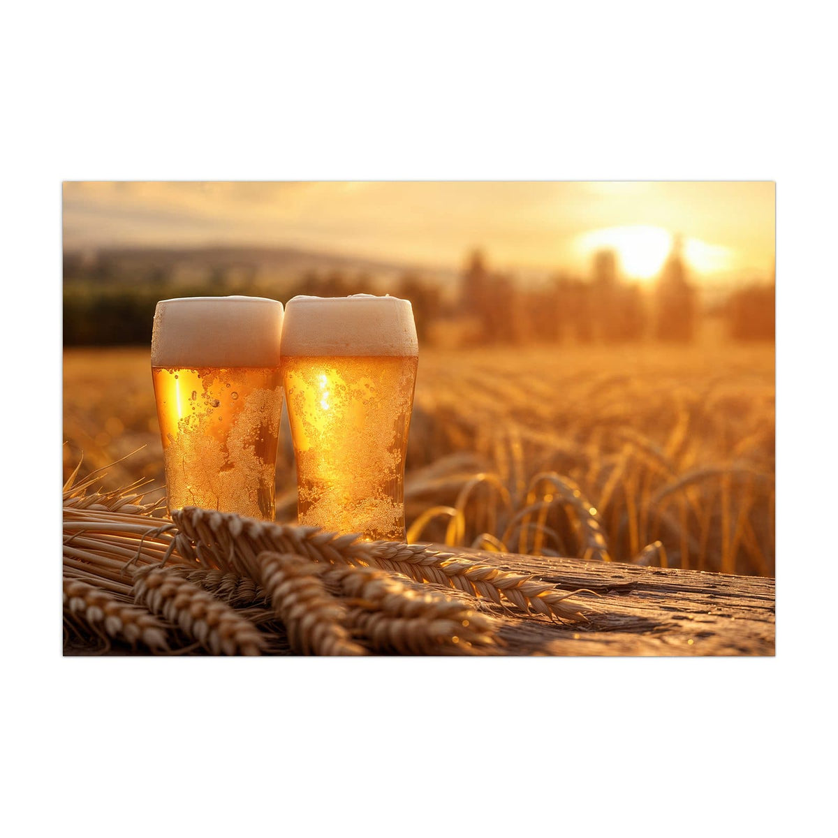 Küchenrückwand aus Glas Biergläser im Kornfeld im Hochformat, Motiv bildfüllend von vorn