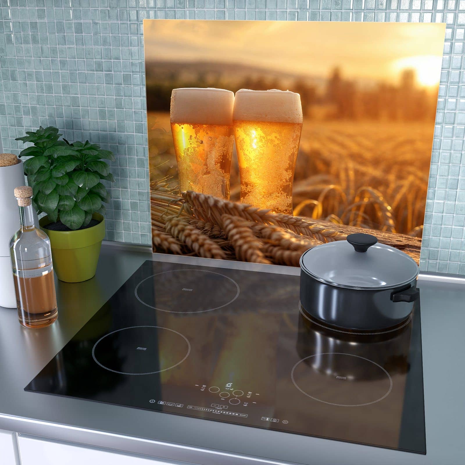 1-teilige Herdabdeckplatte aus Glas mit Sonnenuntergangsbecher-Motiv als Spritzschutz hinter dem Kochfeld