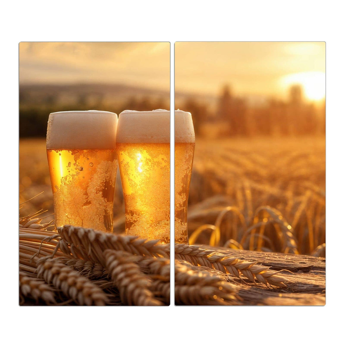 Zwei hohe Biergläser mit Schaumkrone in einem Weizenfeld, tiefstehende Sonne