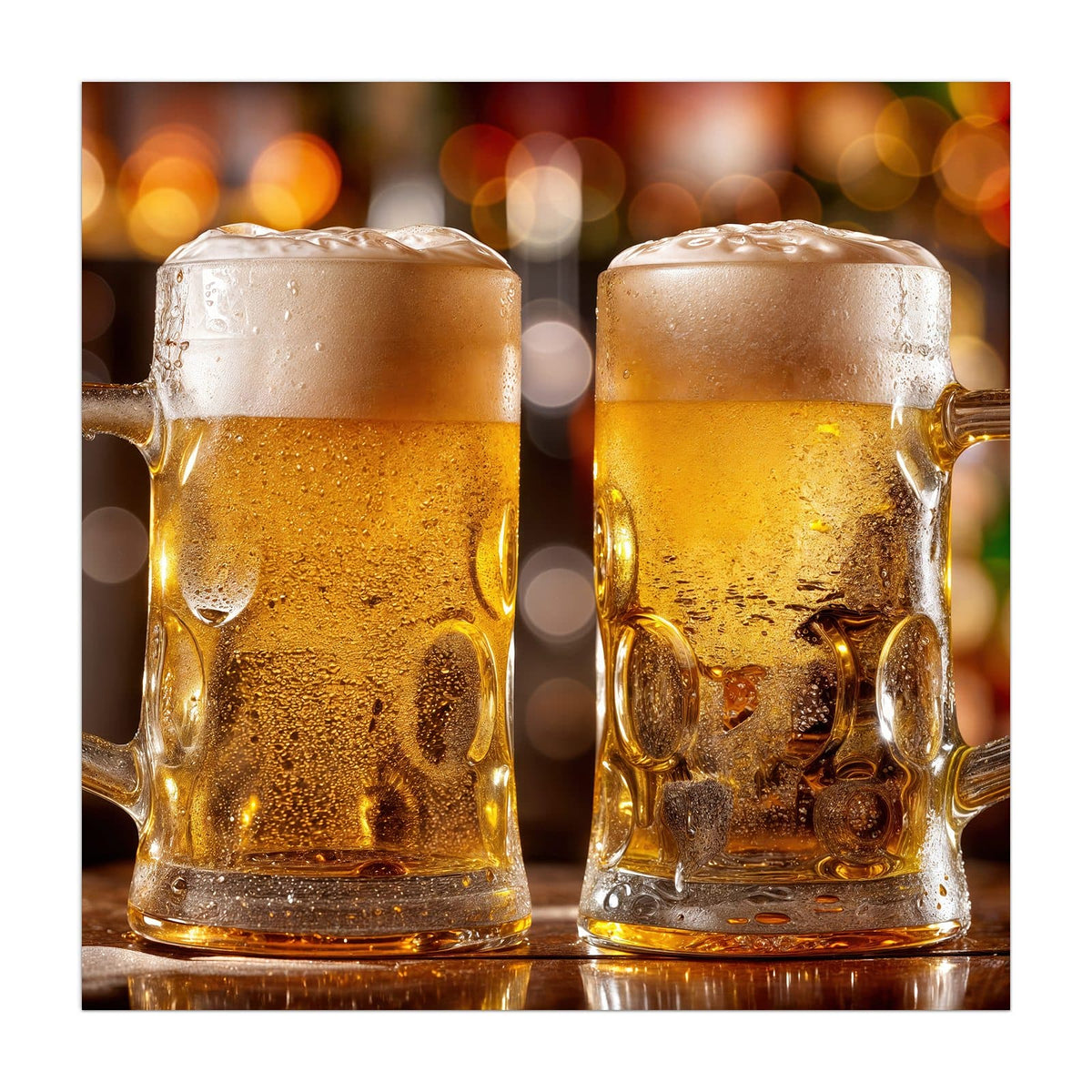 Zwei beschlagene Maßkrüge mit hellem Bier und Schaumkrone vor buntem Bokeh
