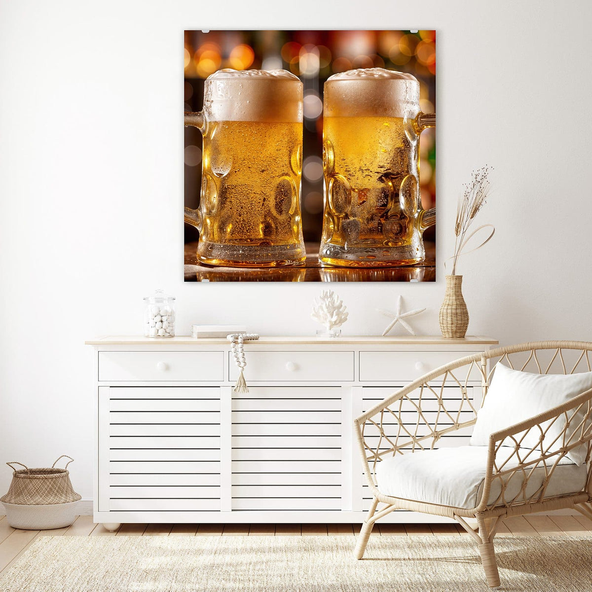 Echtglas, 4 mm – kein Acryl, keine Folie – Wandbild - Zwei Bierkrüge - Quadratisch
