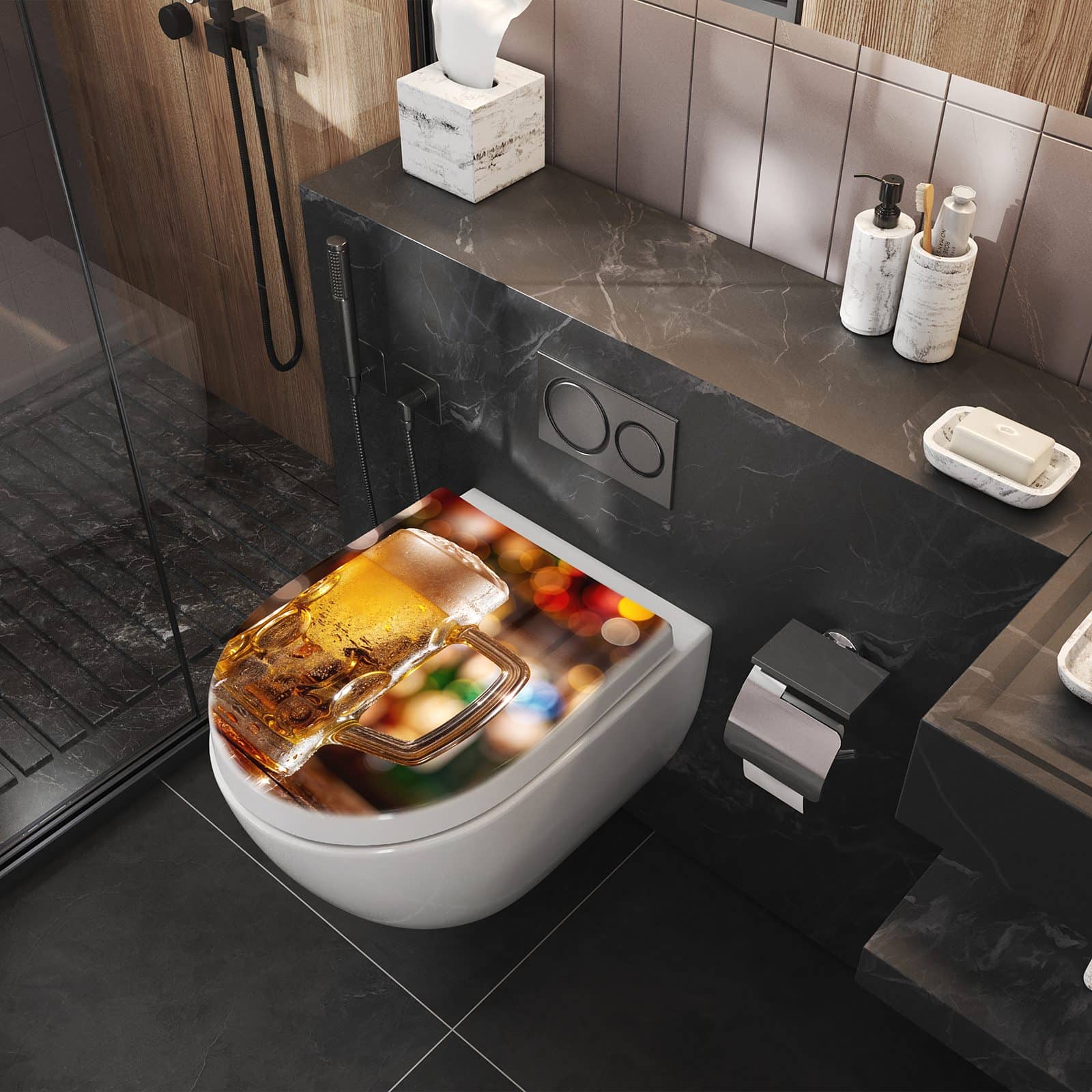 WC-Sitz mit Absenkautomatik Zwei Bierkrüge