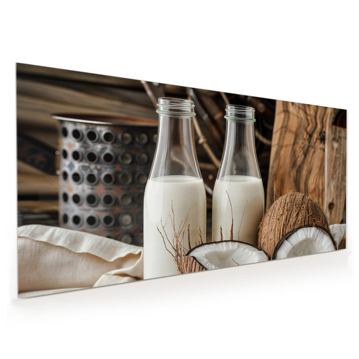 Küchenrückwand aus Glas im Hochformat: Zwei Flaschen Kokosmilch, eine ganze und zwei halbierte Kokosnüsse vor Holzhintergrund
