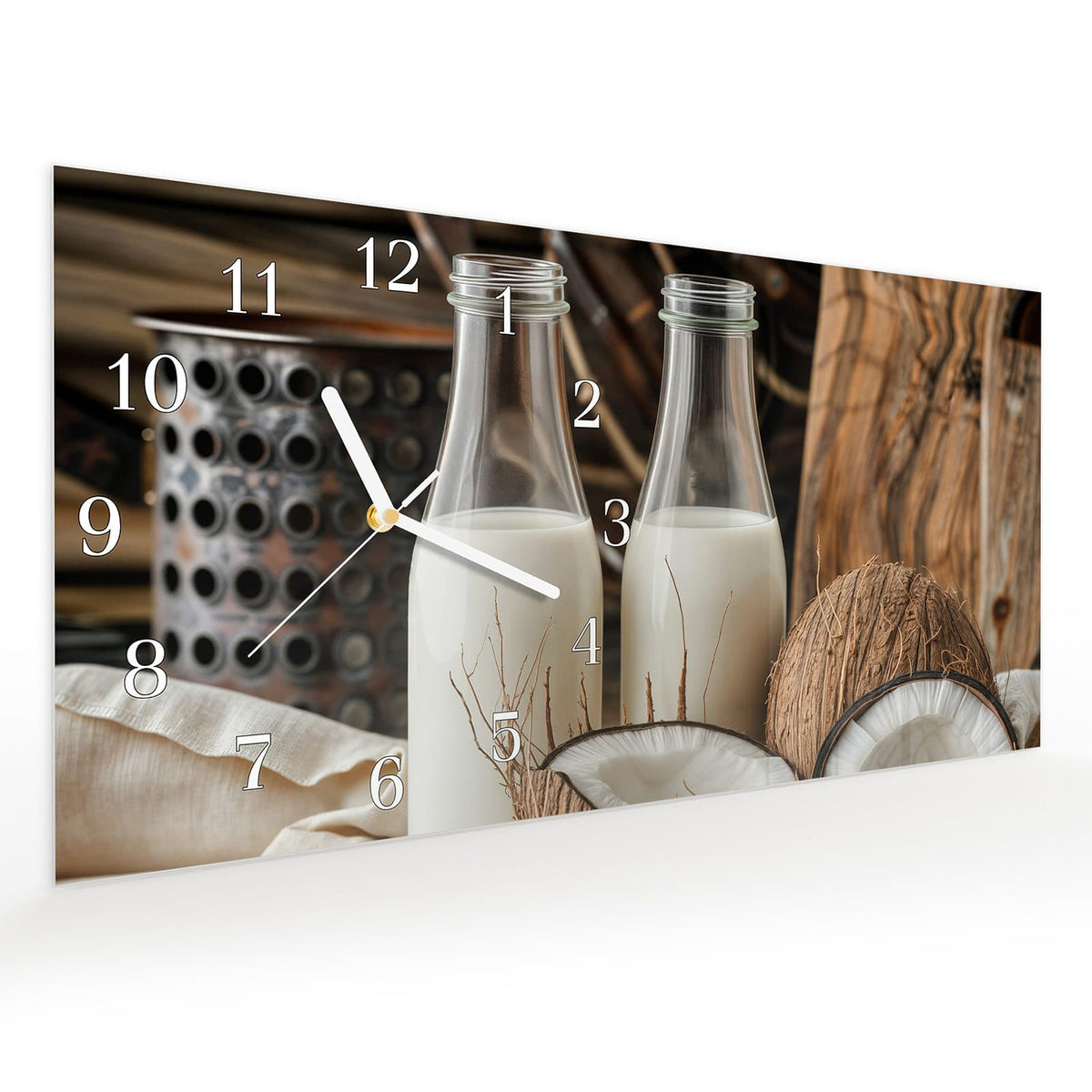 Vormontiert – mit Schwebeeffekt – Wanduhr Kokosnusslmahlzeit aus Glas – Querformat 60 × 30 cm