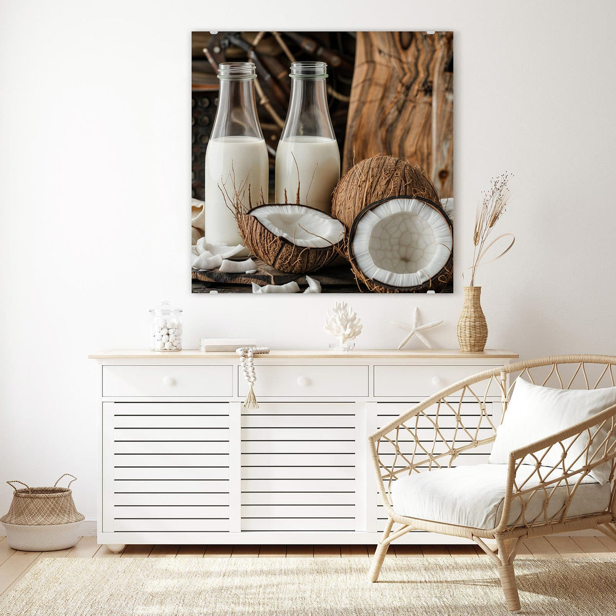 Echtglas, 4 mm – kein Acryl, keine Folie – Wandbild - Kokosmilch - Quadratisch