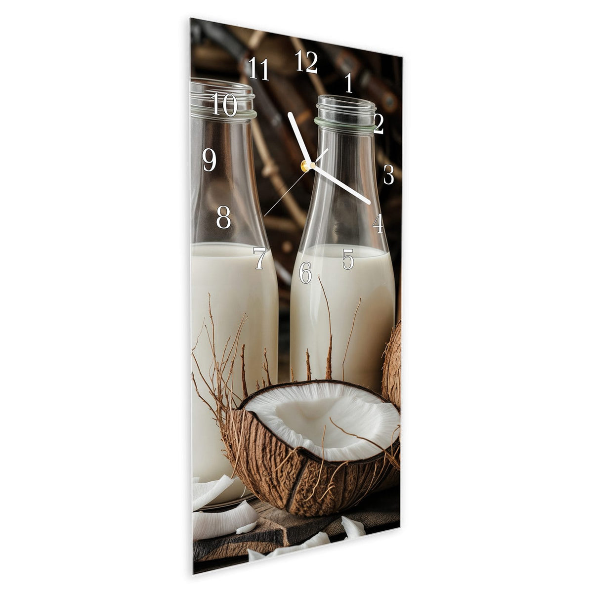 Vormontiert – mit Schwebeeffekt – Wanduhr Kokosnusslmahlzeit aus Glas – Hochformat 30 × 60 cm