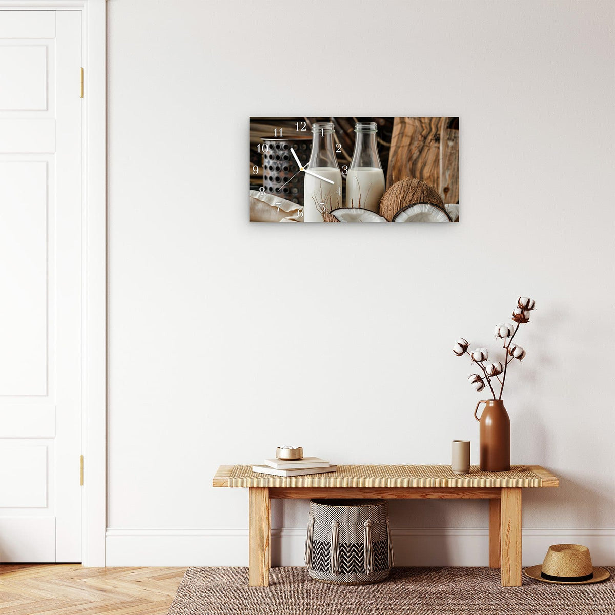 Moderne Wanduhr aus Glas mit Farbtiefe – Wanduhr Kokosnusslmahlzeit aus Glas – Querformat 60 × 30 cm