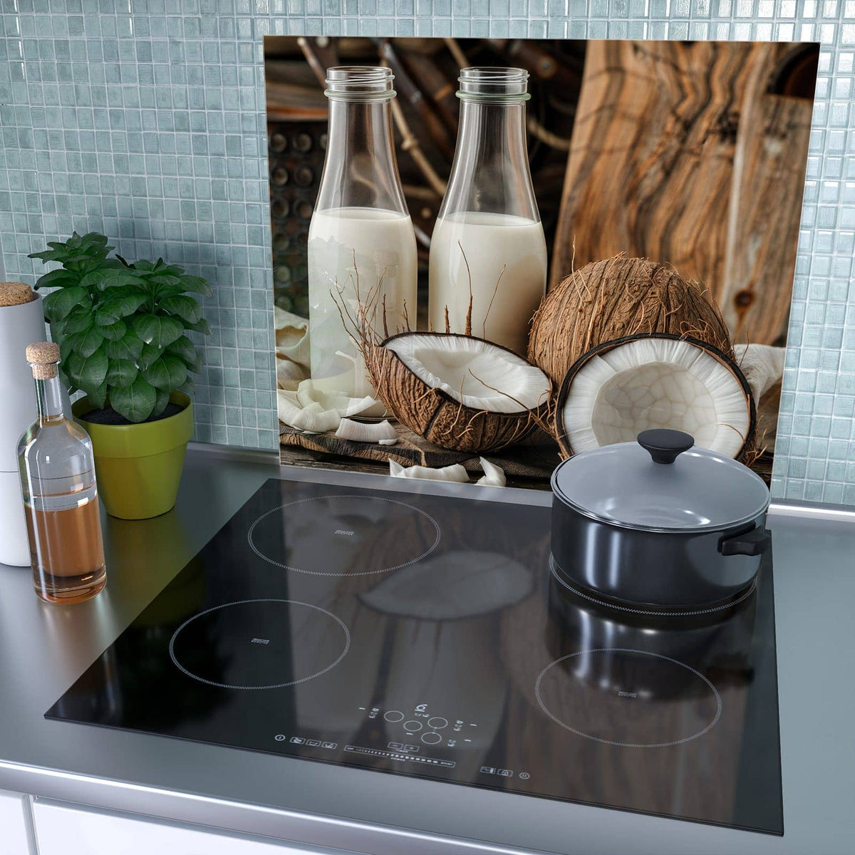 1-teilige Herdabdeckplatte aus Glas mit Kokosnusslmahlzeit-Motiv als Spritzschutz hinter dem Kochfeld
