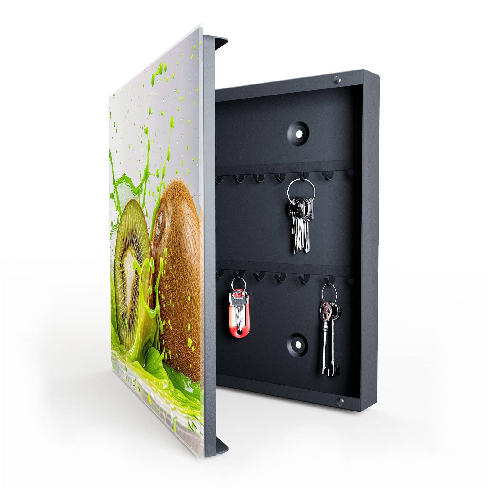 Belastbare Schlüsselaufbewahrung mit Motiv Kiwi Spritzer in geöffneter Innenansicht