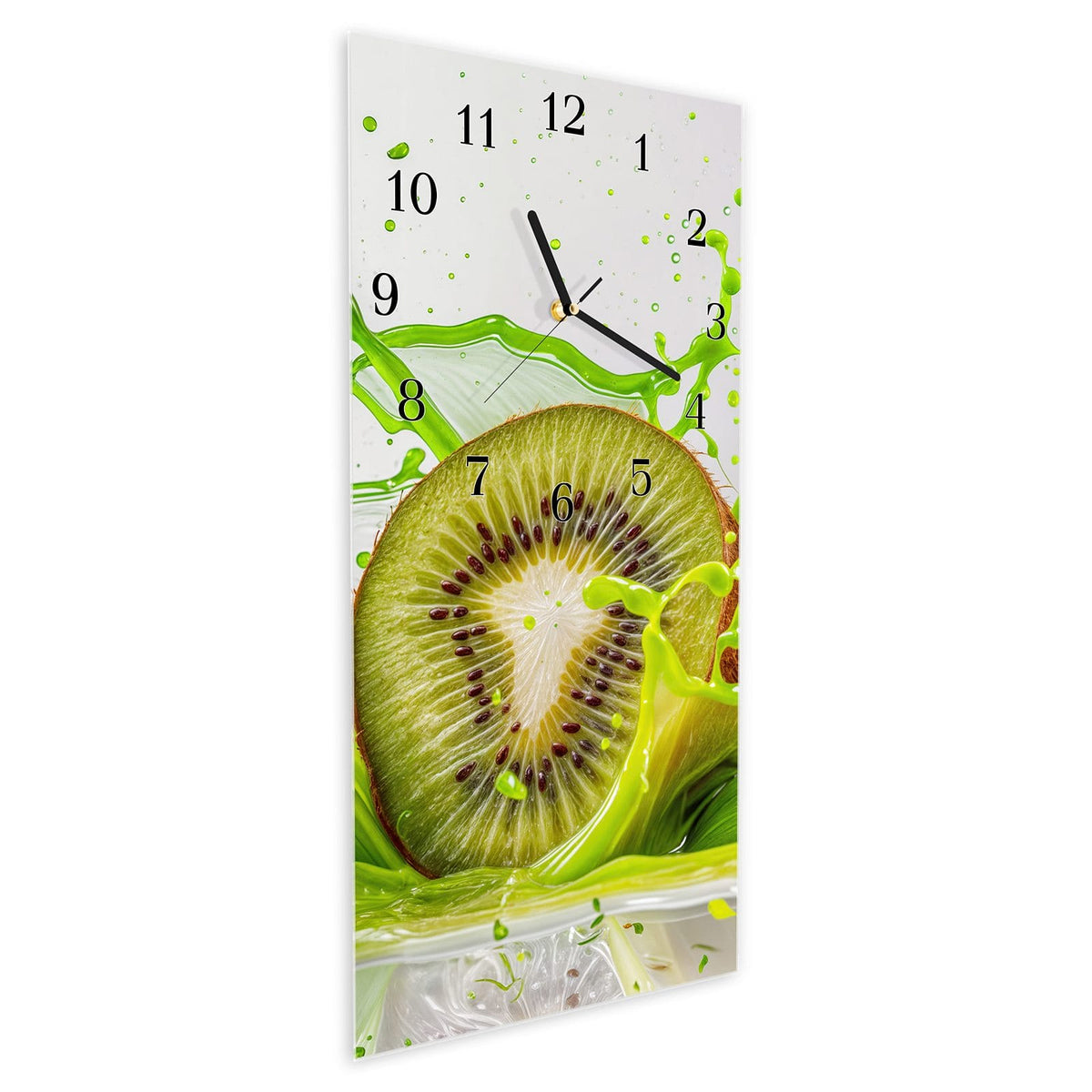 Vormontiert – mit Schwebeeffekt – Wanduhr Kiwi Spritzer aus Glas – Hochformat 30 × 60 cm