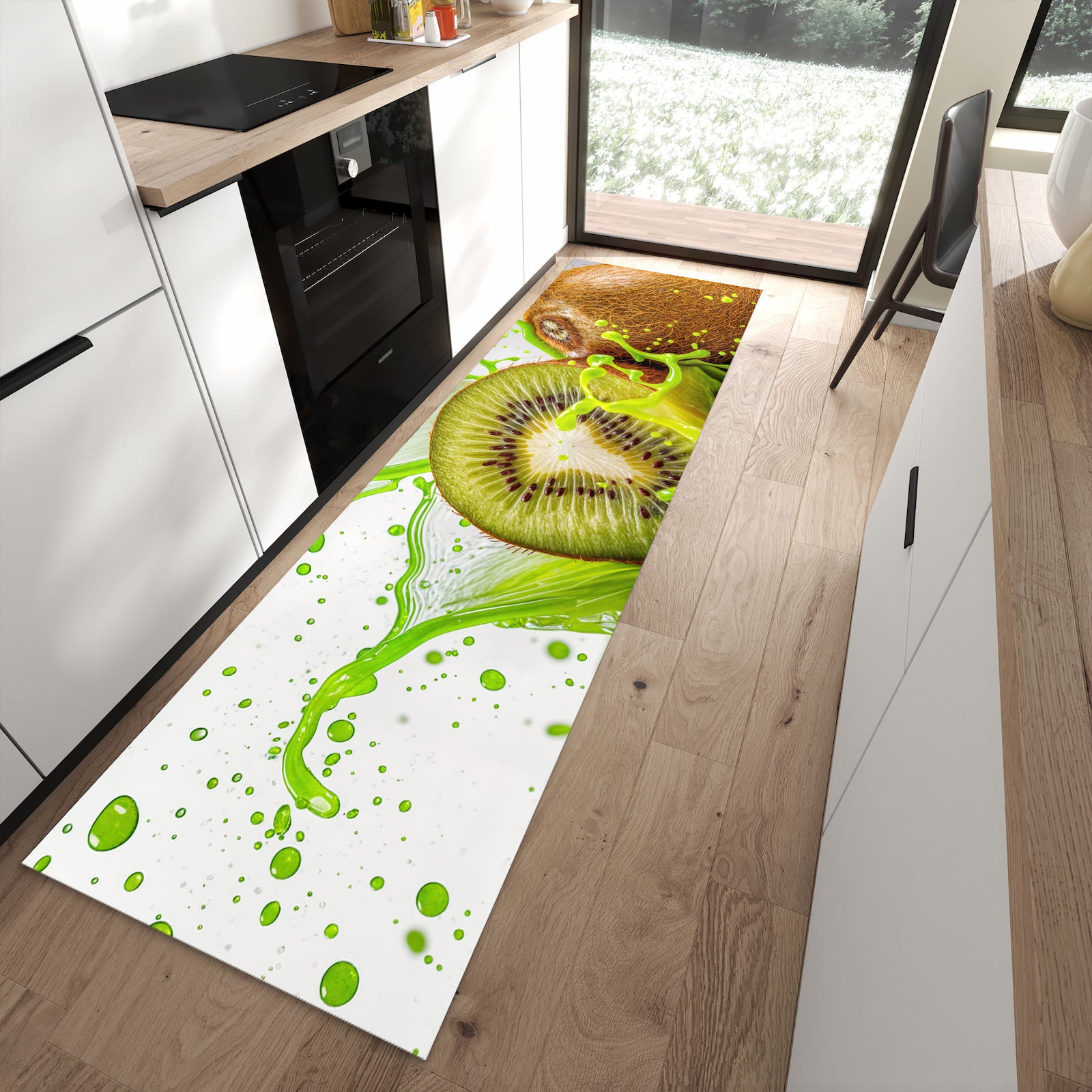 Fleckenresistenter waschbarer Teppich mit Motiv Kiwi Spritzer in moderner Küche