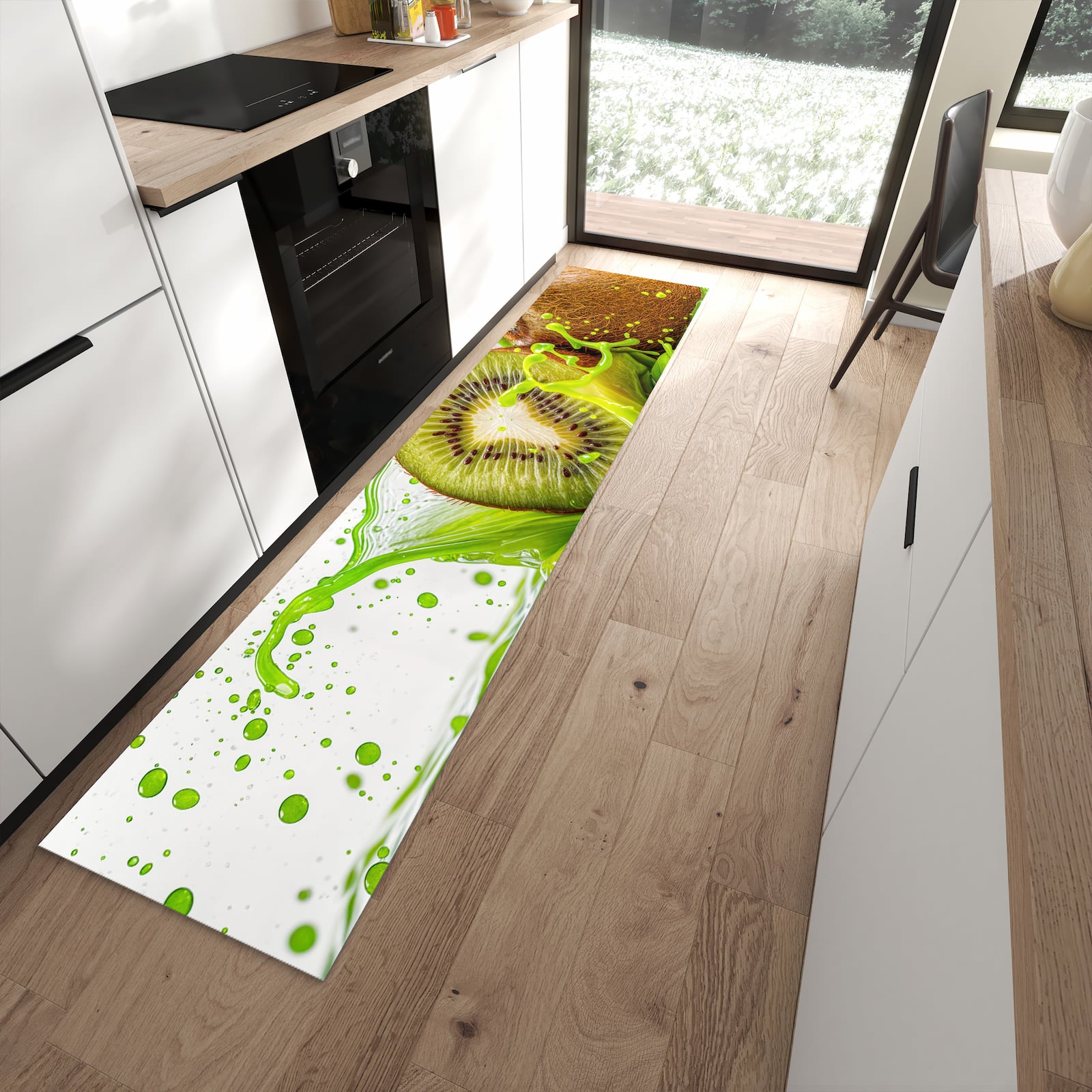 Geräuschdämpfender Läufer mit Motiv Kiwi Spritzer für Eingangsbereich in moderner Küche
