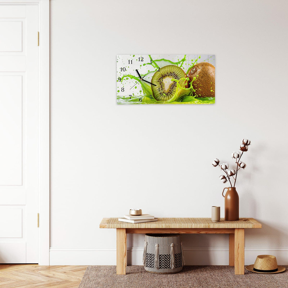 Moderne Wanduhr aus Glas mit Farbtiefe – Wanduhr Kiwi Spritzer aus Glas – Querformat 60 × 30 cm