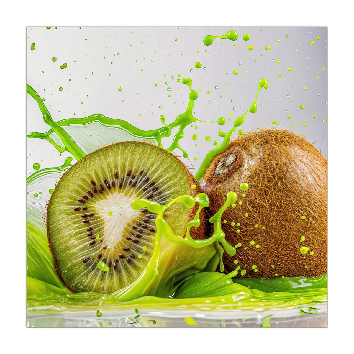 Küchenrückwand aus Glas Kiwi im Saftspritzer im quadratischen Format, Motiv bildfüllend von vorn