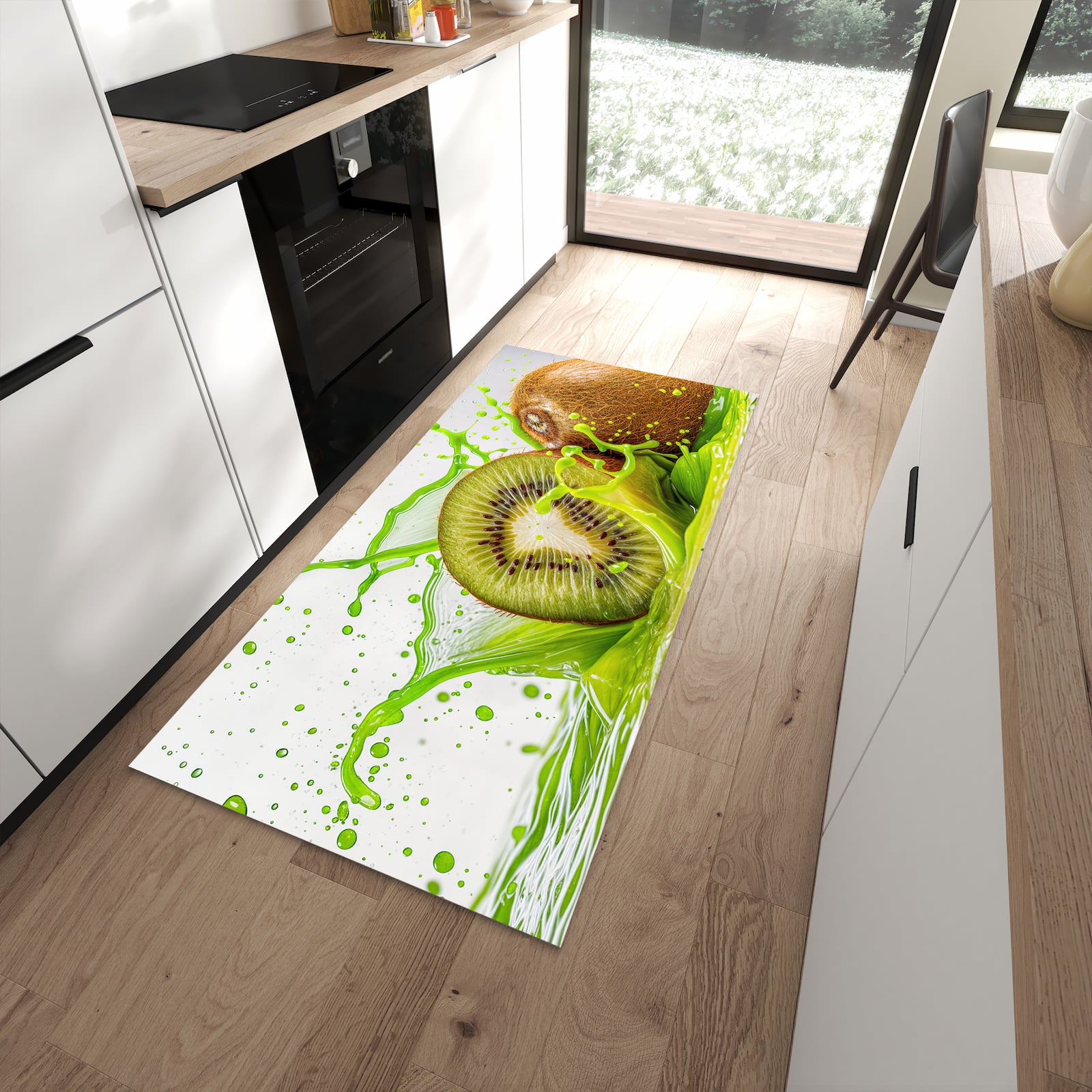 Geruchsneutraler rutschfester Küchenteppich mit Motiv Kiwi Spritzer in moderner Küche