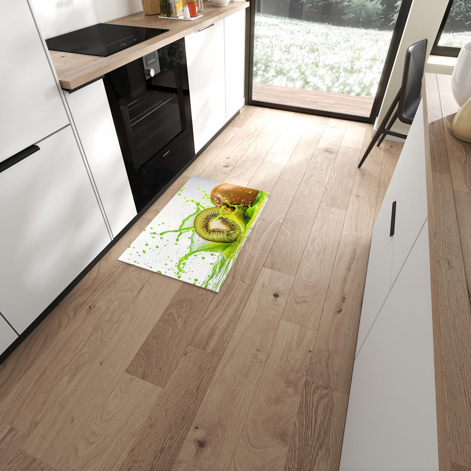 UV-beständiger dünner Teppich mit Motiv Kiwi Spritzer in moderner Küche