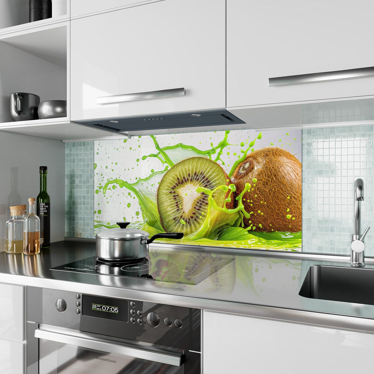 Küchenrückwand aus Glas Kiwi im Saftspritzer im Hochformat als Spritzschutz hinter dem Kochfeld, über dem Fliesenspiegel montiert