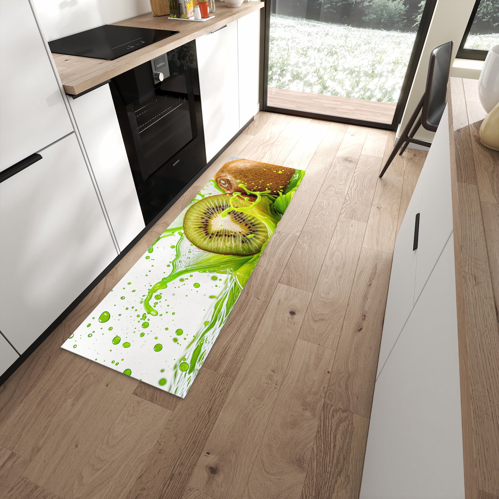 Waschbarer Küchenläufer mit Motiv Kiwi Spritzer in moderner Küche für sichere Aufbewahrung