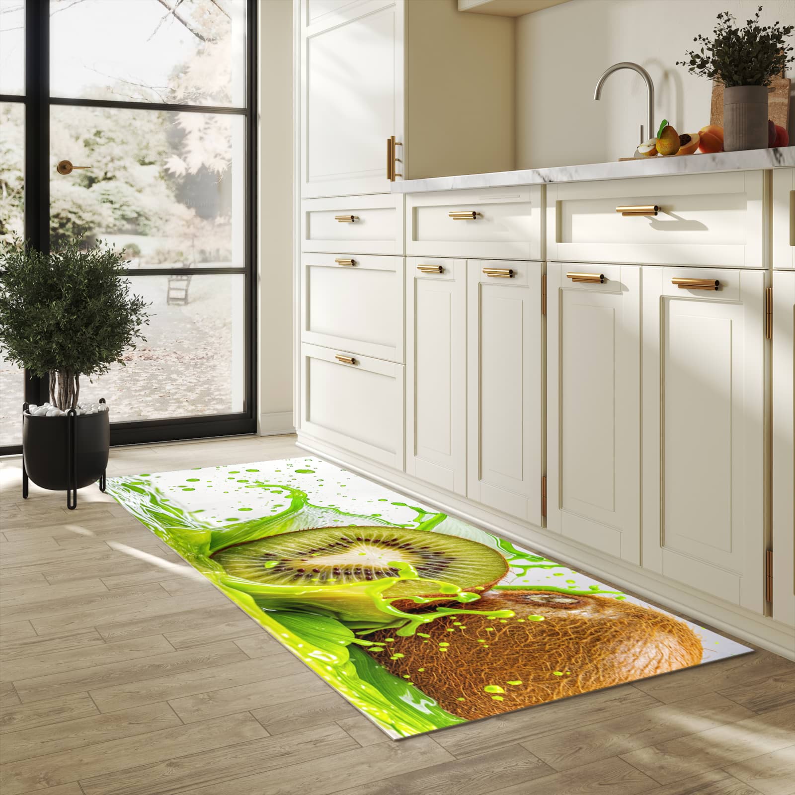 Geruchsneutraler Küchenläufer nach Maß mit Motiv Kiwi Spritzer in heller Küche