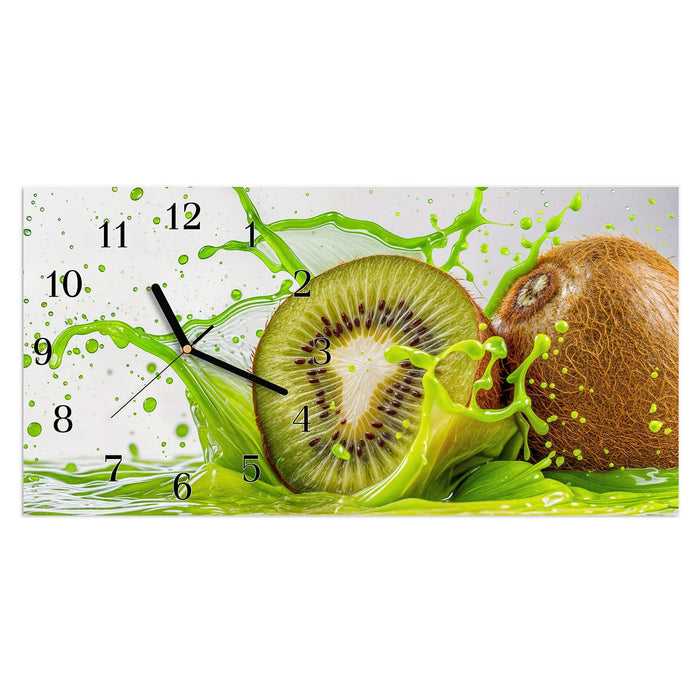 Wanduhr Kiwi Spritzer aus Glas – Querformat 60 × 30 cm mit Ziffernblatt Klassisch