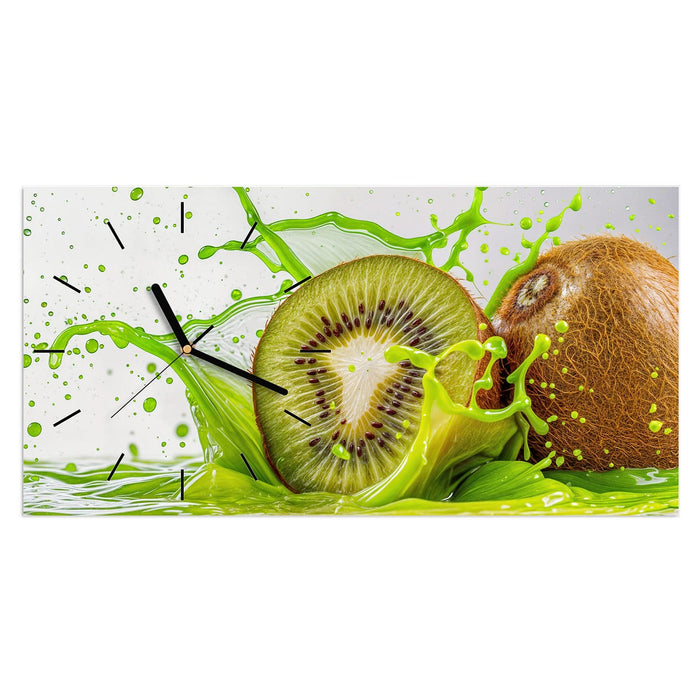 Wanduhr Kiwi Spritzer aus Glas – Querformat 60 × 30 cm mit Ziffernblatt Linie