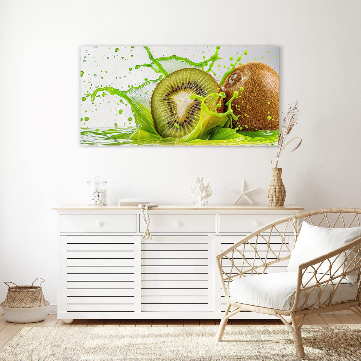 Echtglas, 4 mm – kein Acryl, keine Folie – Wandbild - Kiwi im Saftspritzer - Querformat