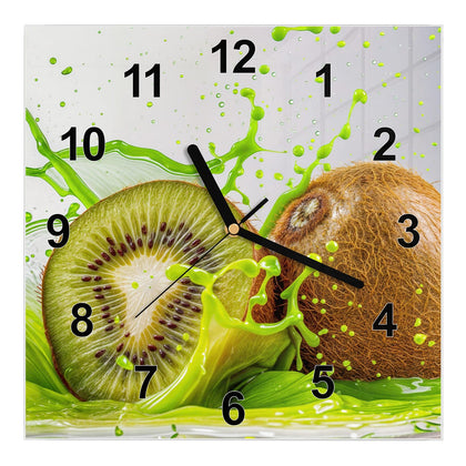 Wanduhr Quadratisch mit dem Motiv Kiwi im Saftspritzer