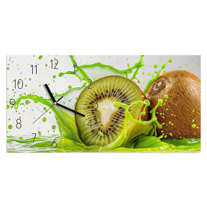 Wanduhr Kiwi Spritzer aus Glas – Querformat 60 × 30 cm mit Ziffernblatt Elegant