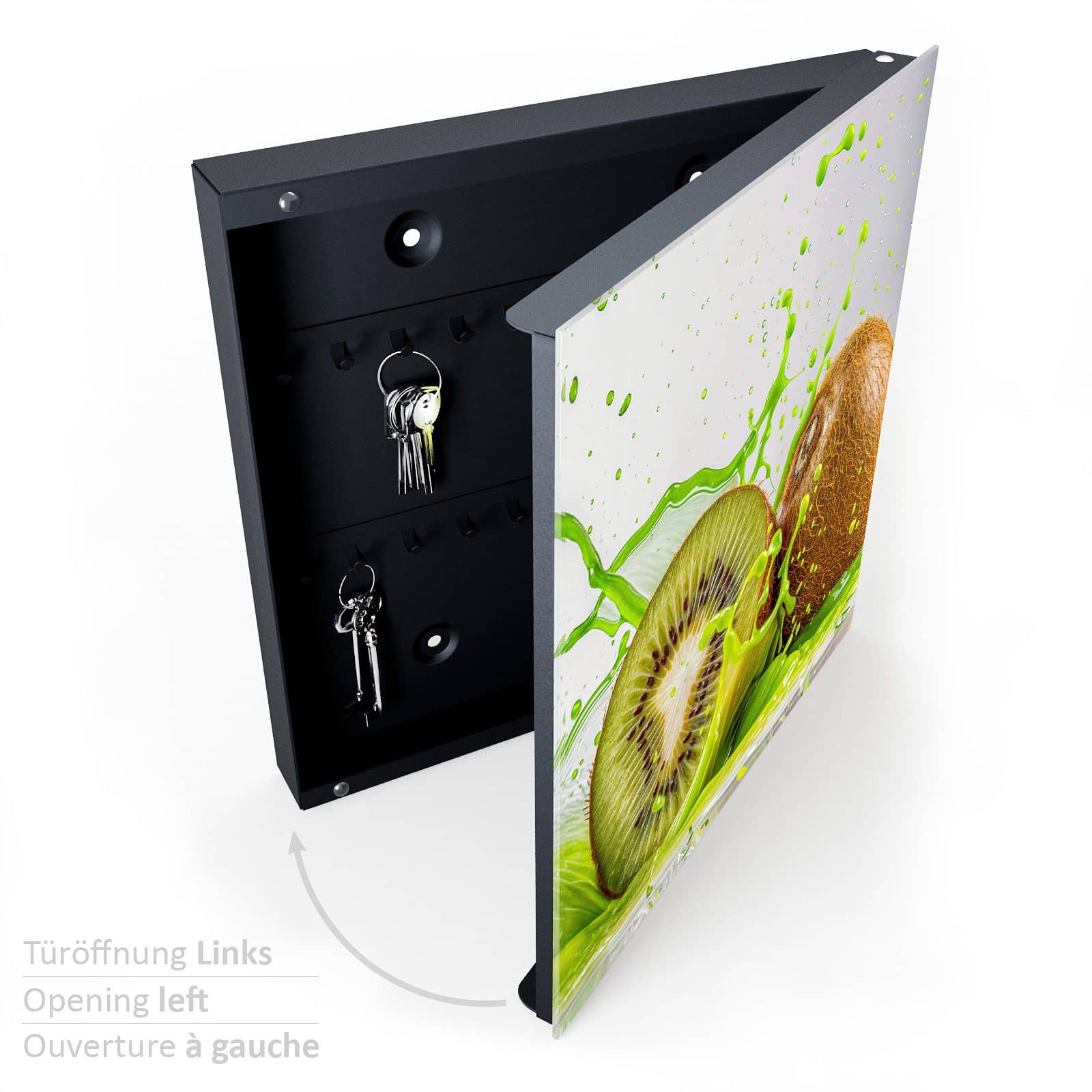 Farbechte Schlüsselaufbewahrung mit Motiv Kiwi Spritzer halboffen mit Schlüsseln