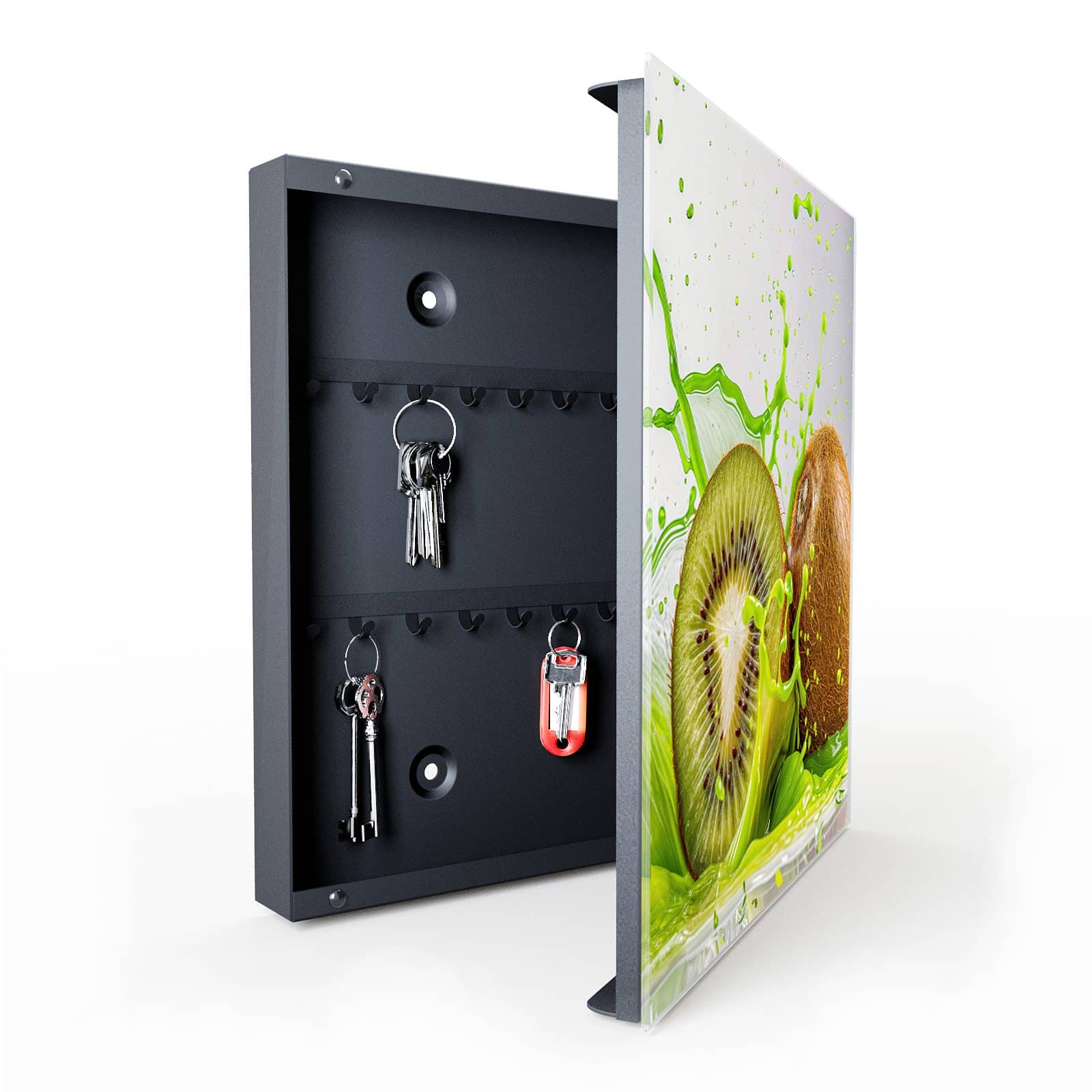 Rutschfeste Schlüsselaufbewahrung mit Motiv Kiwi Spritzer in geöffneter Innenansicht