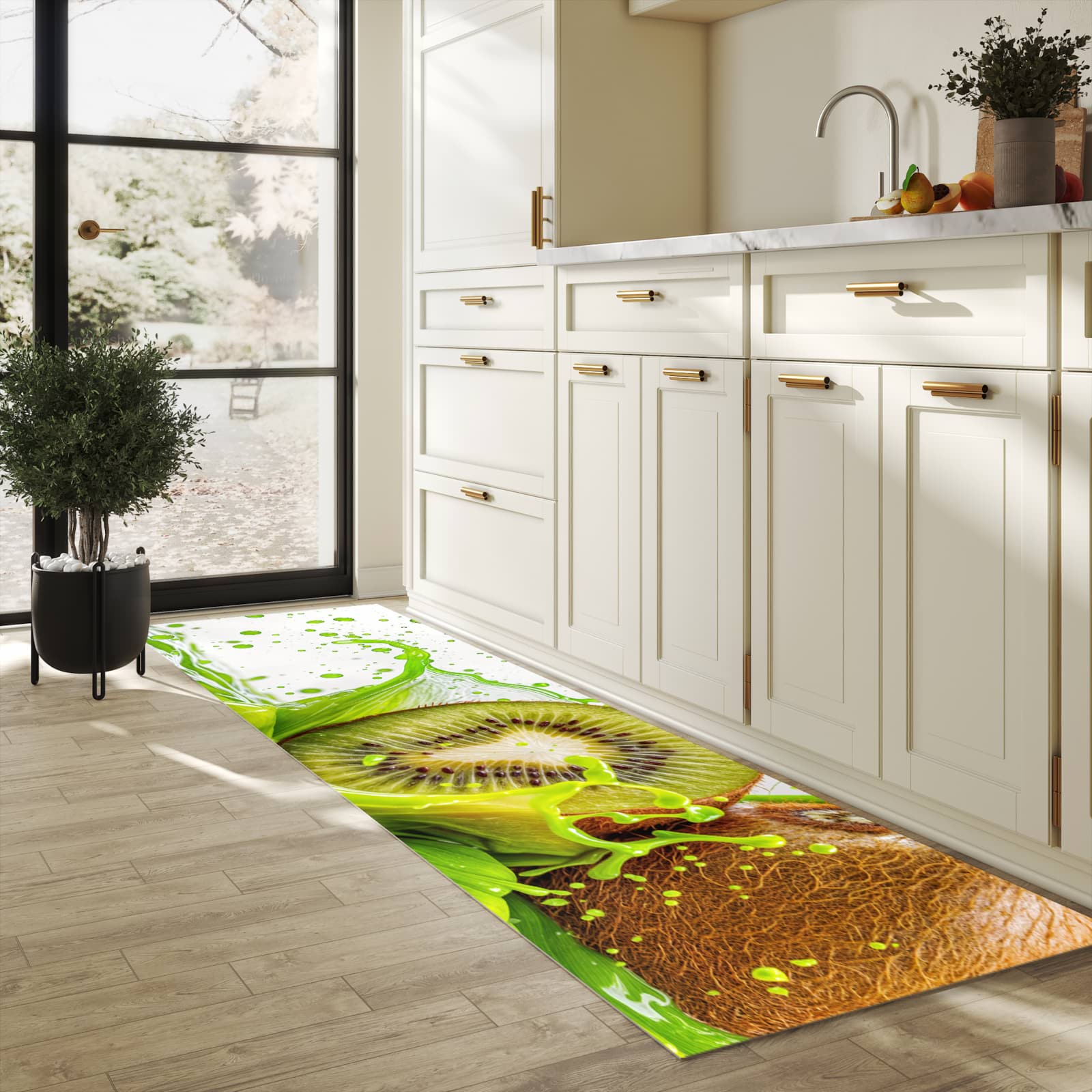 Fleckenresistenter rutschfester Küchenläufer mit Motiv Kiwi Spritzer in heller Küche