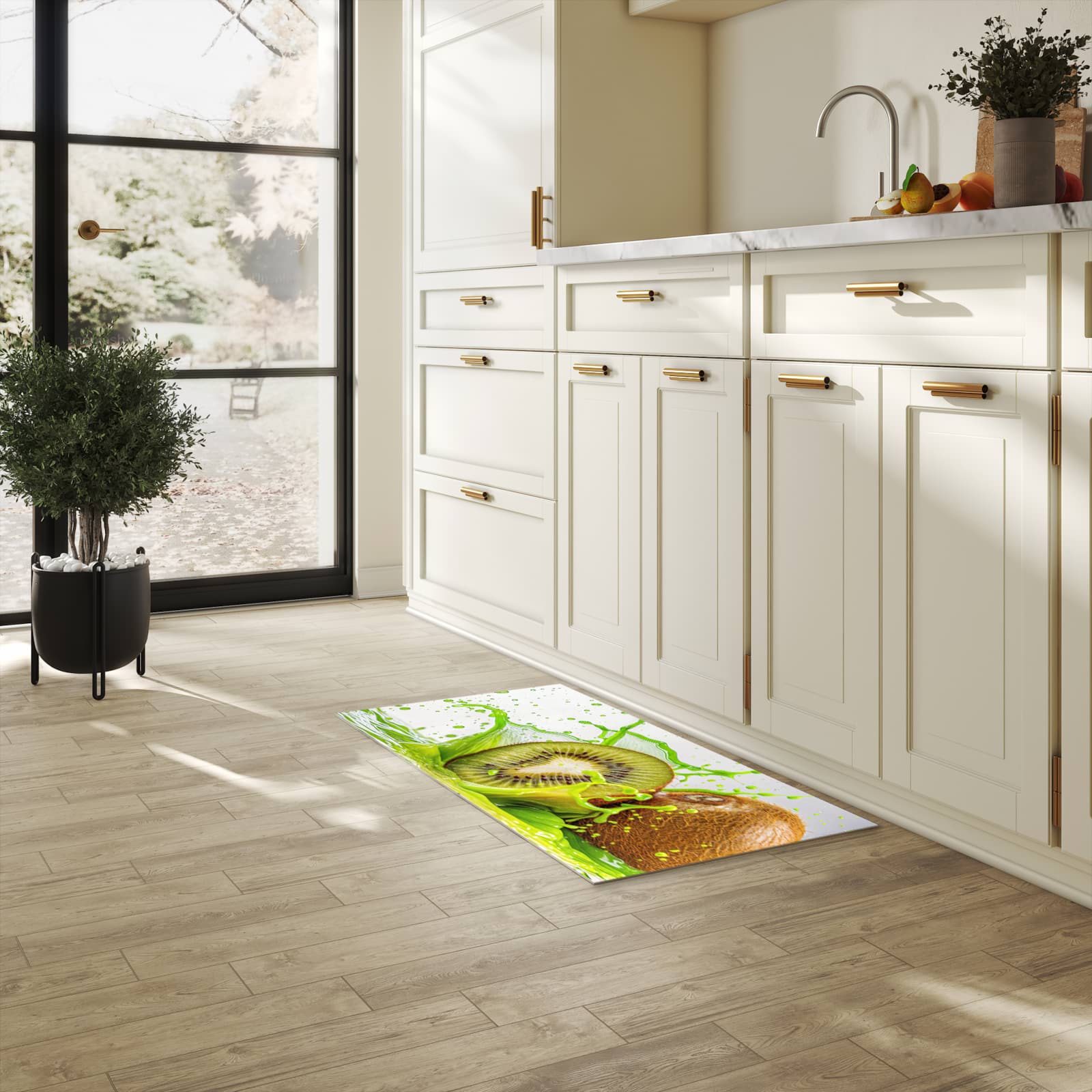 Bodenschonender großer Küchenteppich mit Motiv Kiwi Spritzer in heller Küche