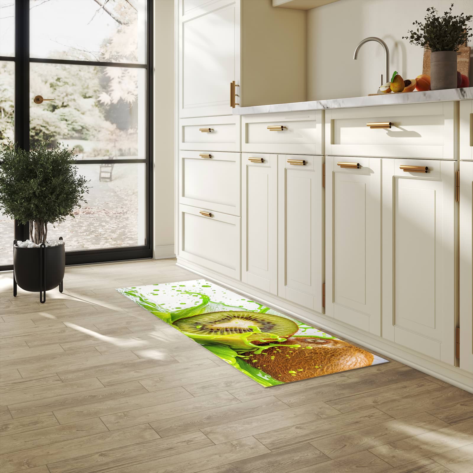 Formstabiler waschbarer Küchenteppich mit Motiv Kiwi Spritzer in heller Küche