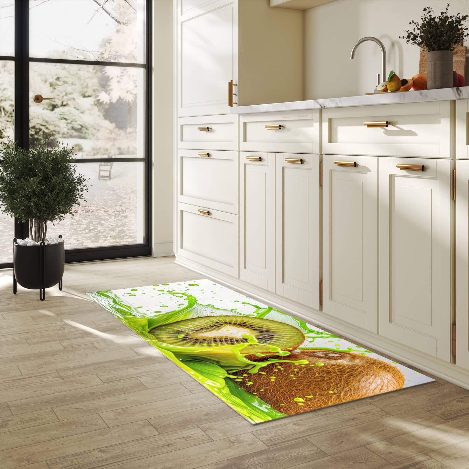 UV-beständiger rutschfester Küchenläufer mit Motiv Kiwi Spritzer in heller Küche