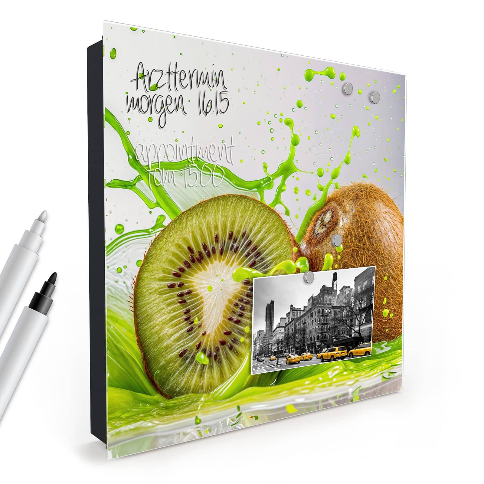 Farbbeständige keyless go schlüsselbox mit Motiv Kiwi Spritzer in schräger Produktansicht mit Zubehör