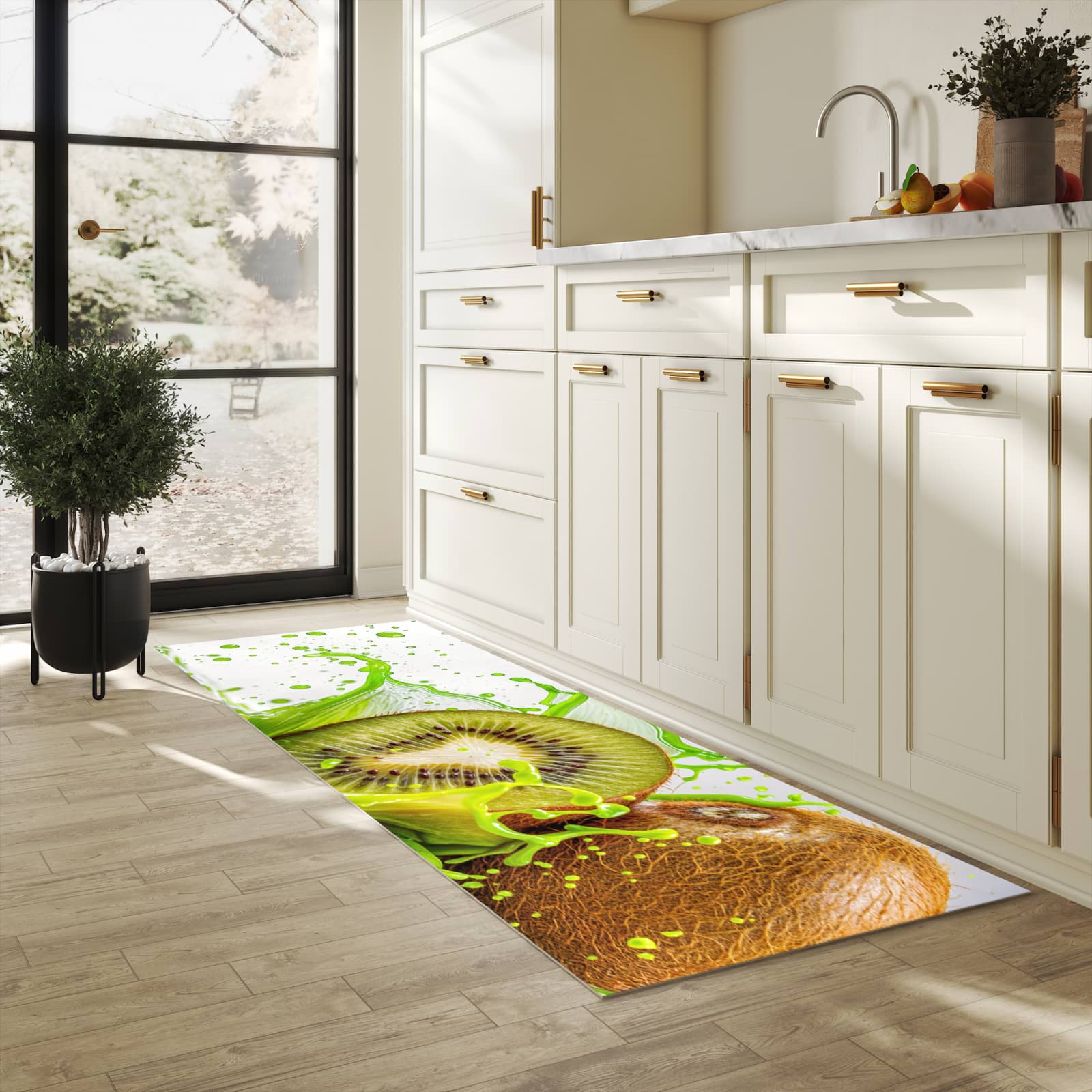 Rutschfester Küchenläufer mit Motiv Kiwi Spritzer für Trittkomfort in heller Küche