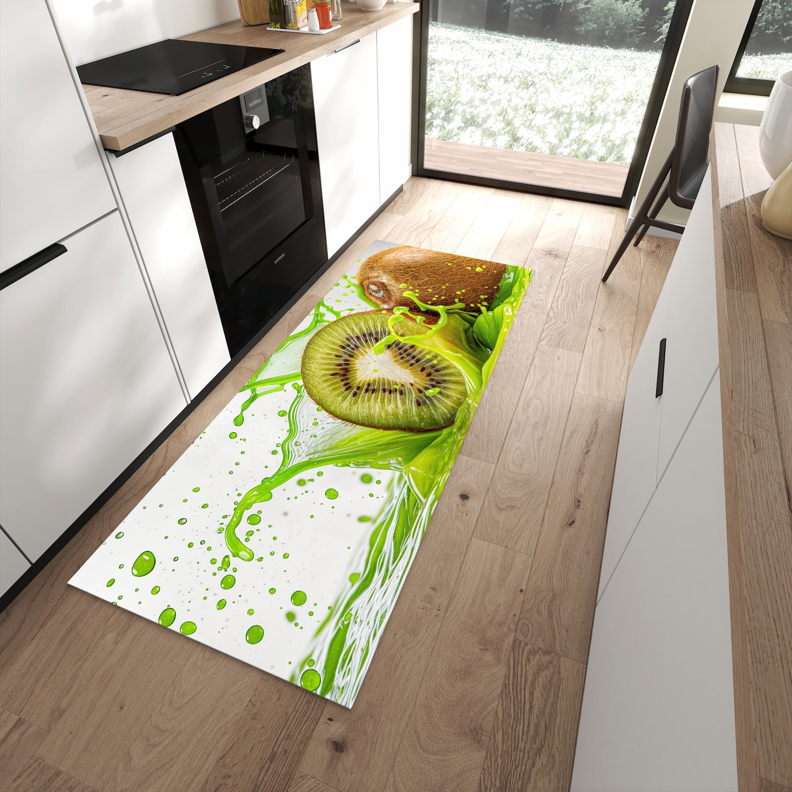 Rutschfester Küchenteppich mit Motiv Kiwi Spritzer für Trittkomfort in moderner Küche