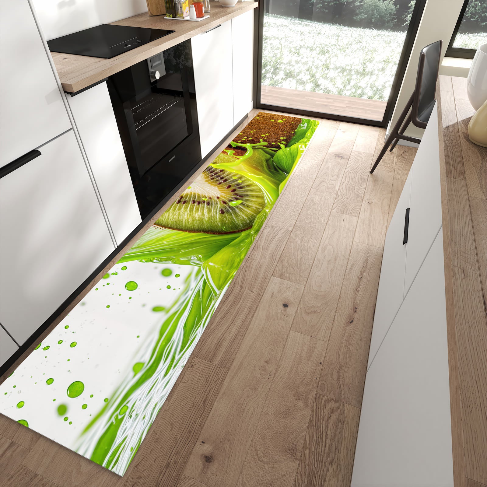 Abriebfester rutschfester Läufer mit Motiv Kiwi Spritzer in moderner Küche
