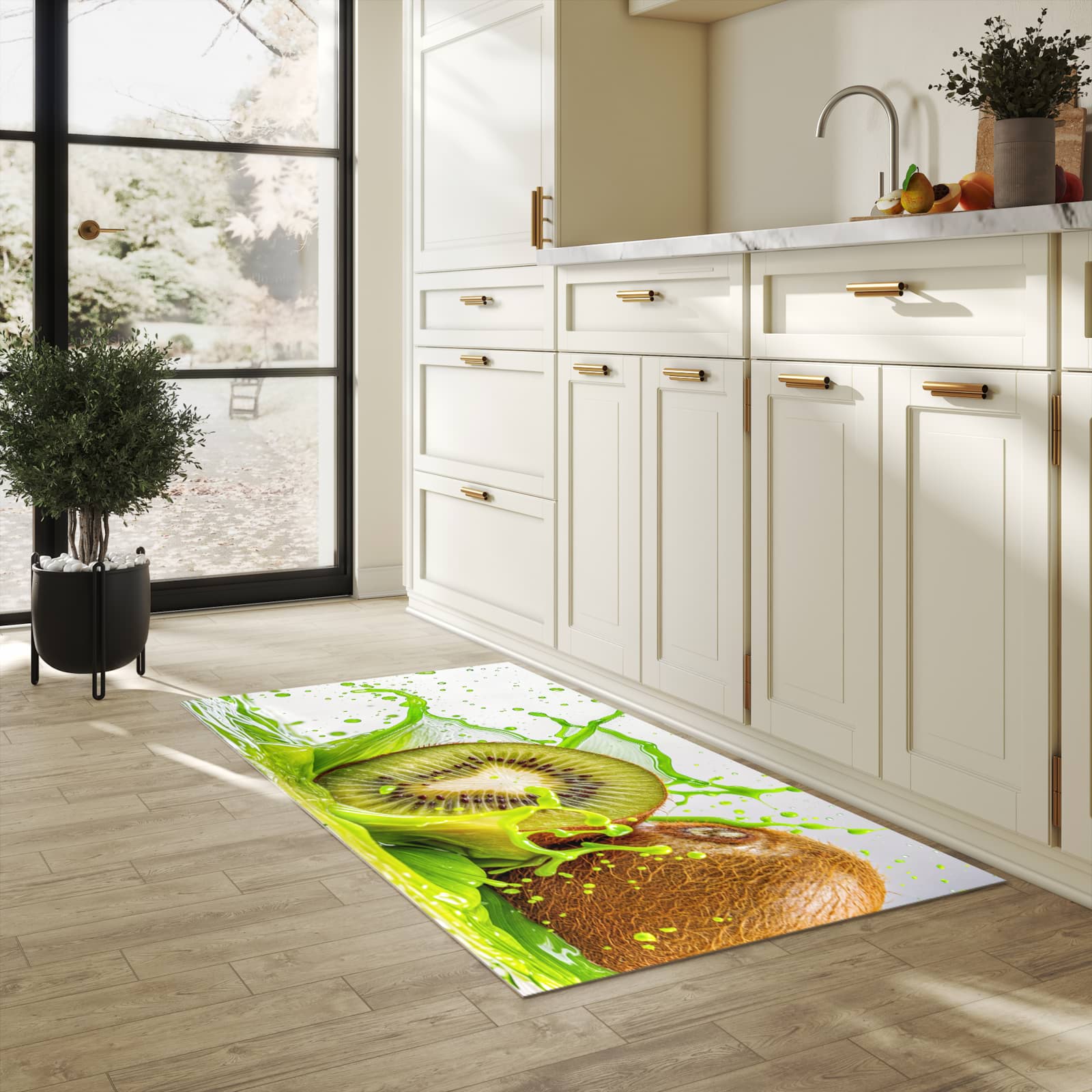 Schmutzabweisender moderner Küchenläufer mit Motiv Kiwi Spritzer in heller Küche