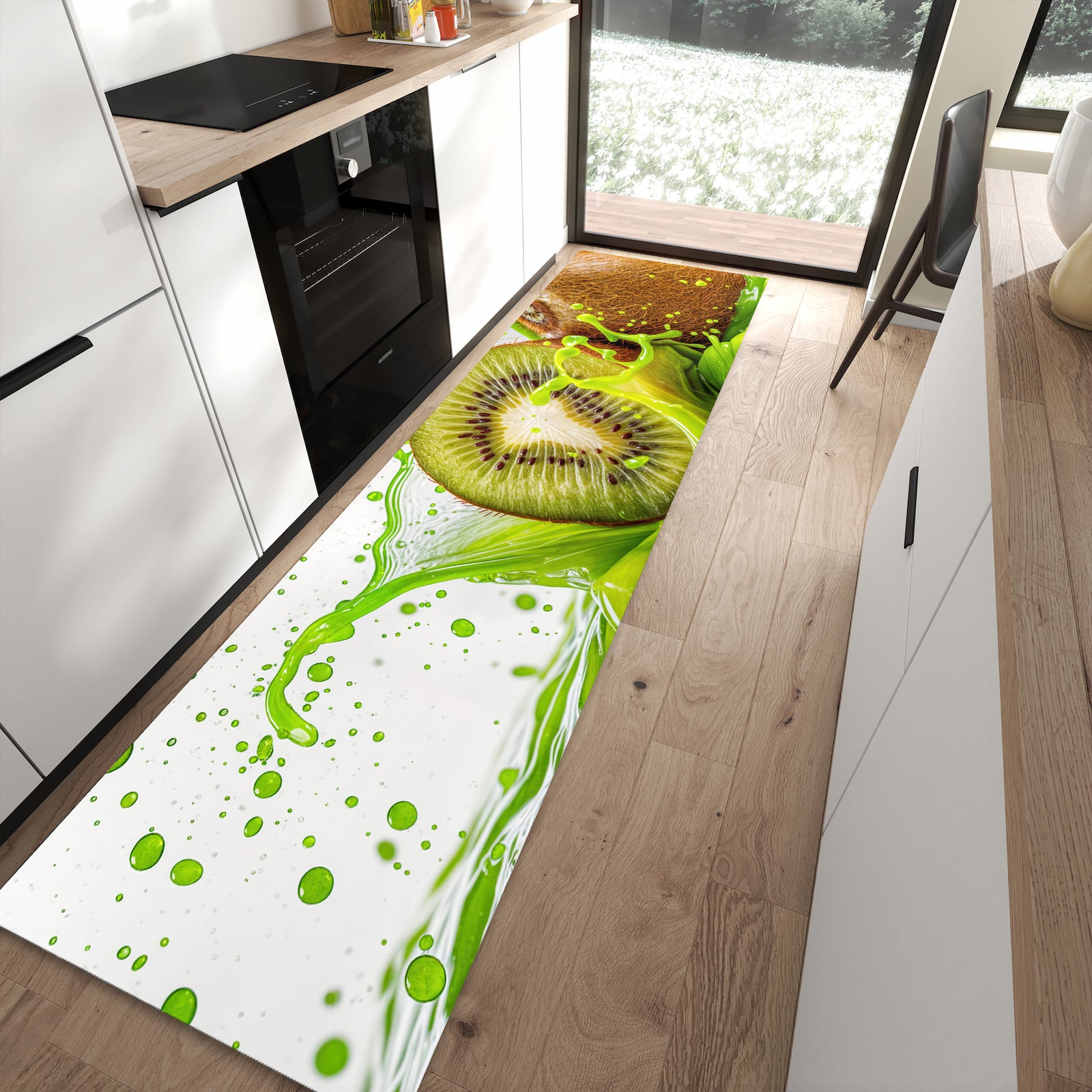 Schmutzabweisender Teppich für Esstisch mit Motiv Kiwi Spritzer in moderner Küche