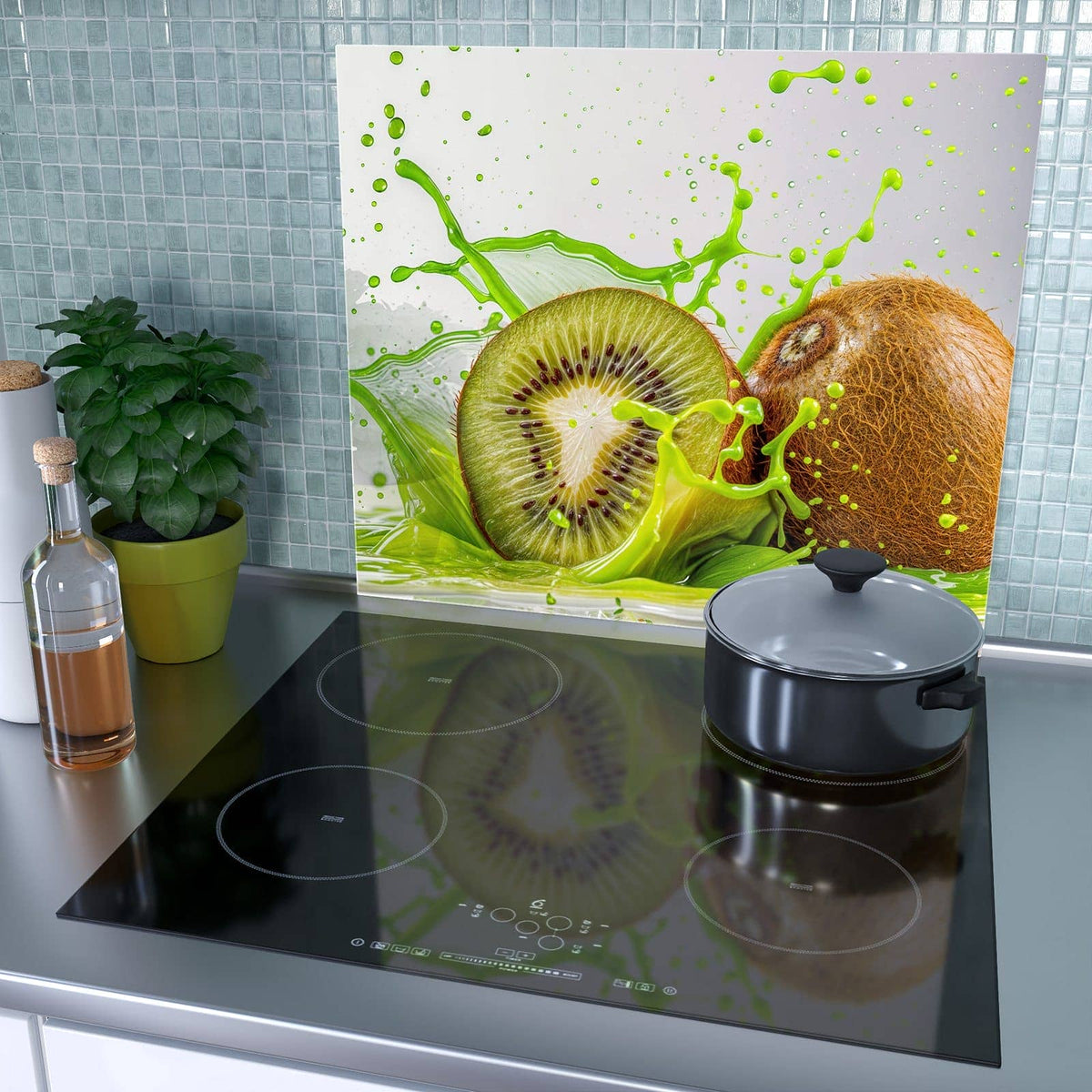 1-teilige Abdeckplatten für Ceranfeld mit Kiwi Spritzer-Motiv als Spritzschutz hinter dem Kochfeld