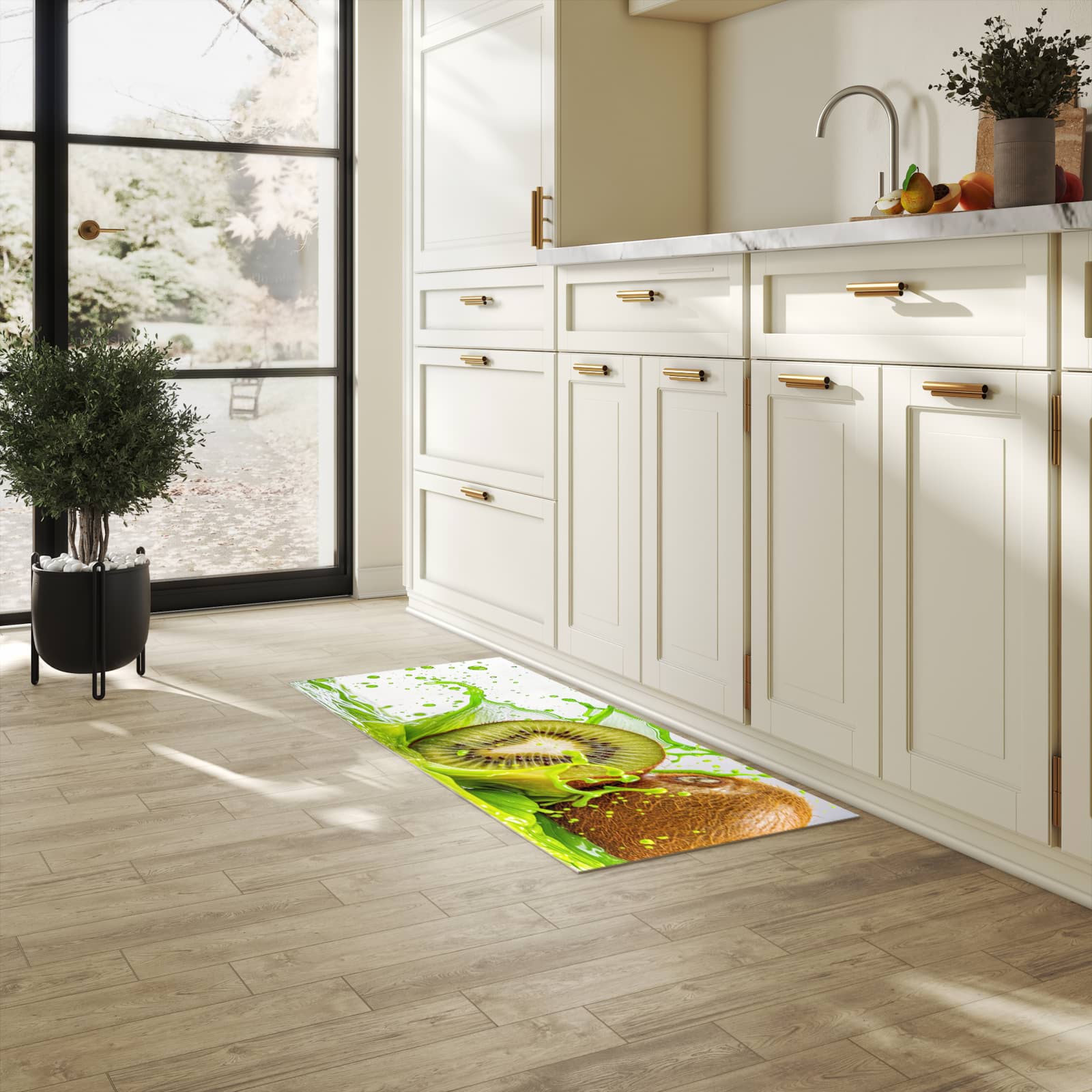 Farbbeständiger rutschfester Küchenteppich mit Motiv Kiwi Spritzer in heller Küche