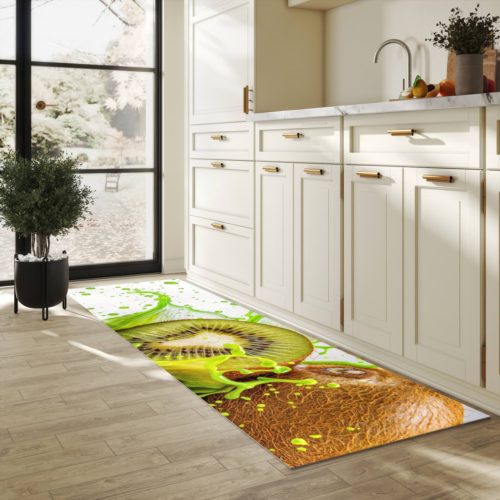 Wasserabweisender waschbarer Küchenläufer mit Motiv Kiwi Spritzer in heller Küche