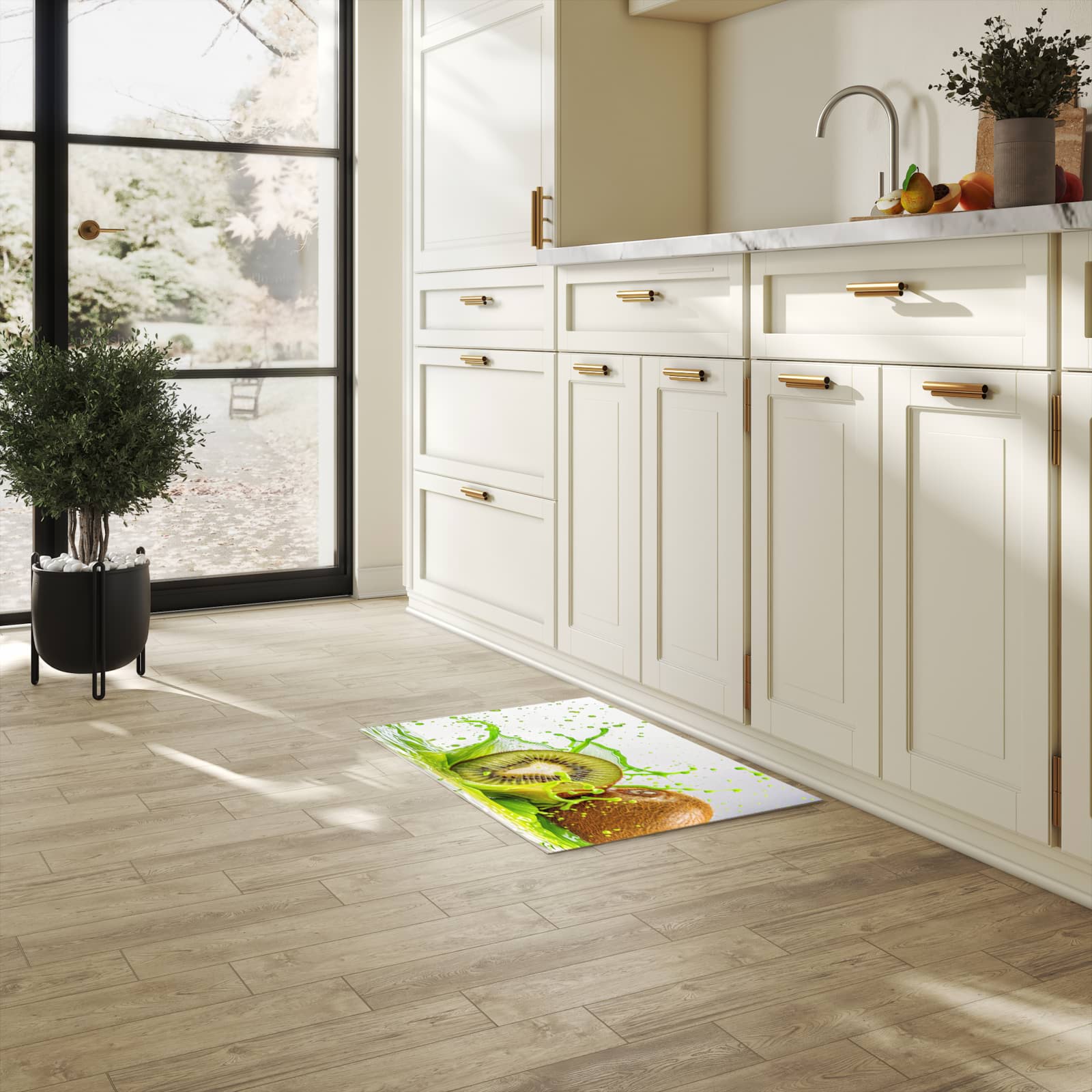 Abriebfester rutschfester Küchenläufer mit Motiv Kiwi Spritzer in heller Küche