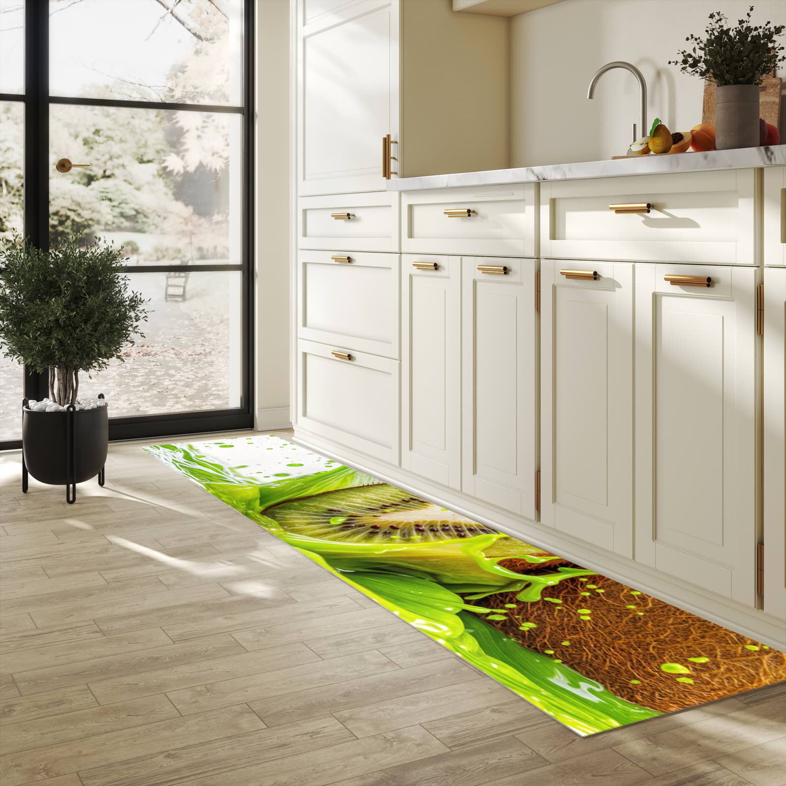 Geräuschdämpfender waschbarer Küchenläufer mit Motiv Kiwi Spritzer in heller Küche