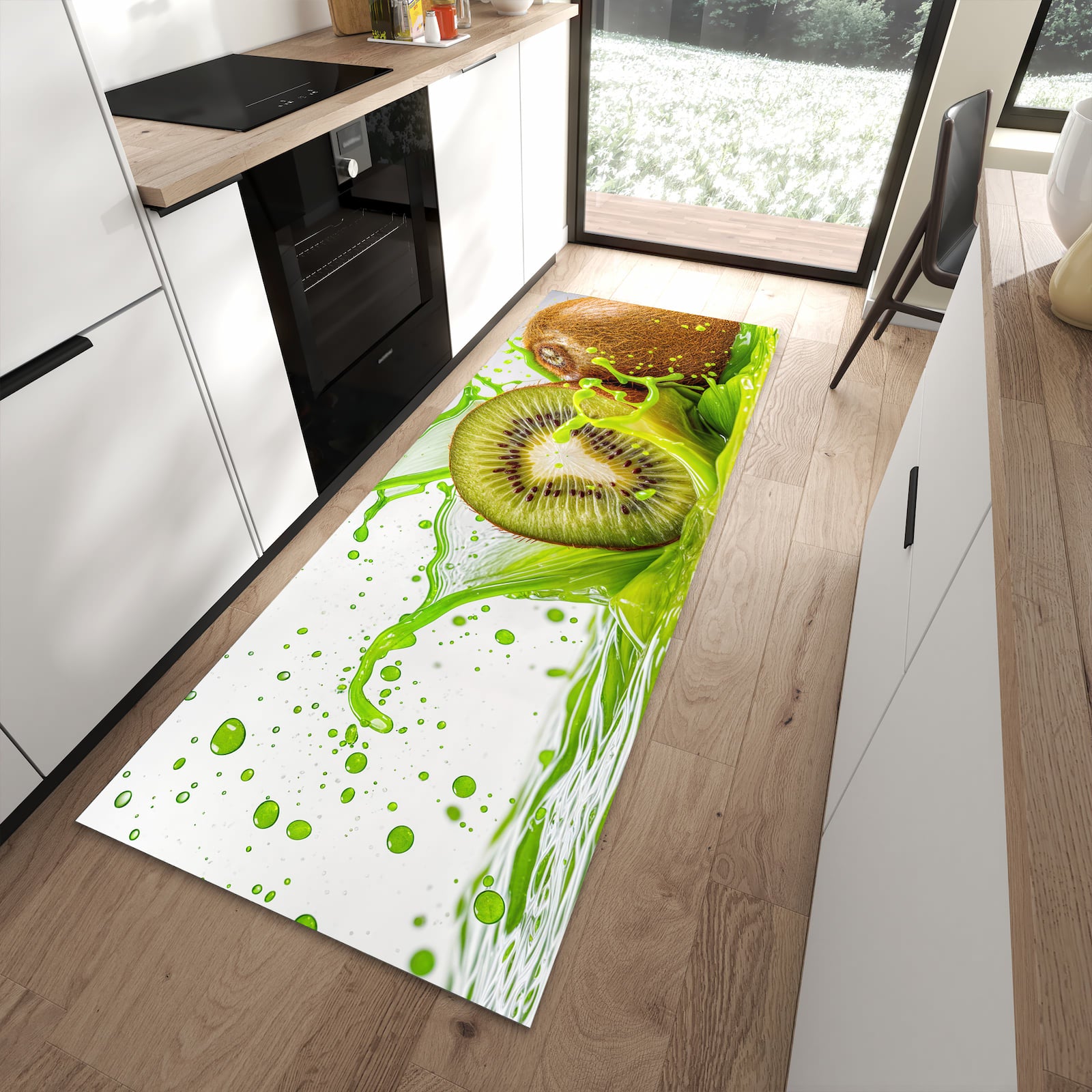 Langlebiger Bodenläufer mit Motiv Kiwi Spritzer in moderner Küche