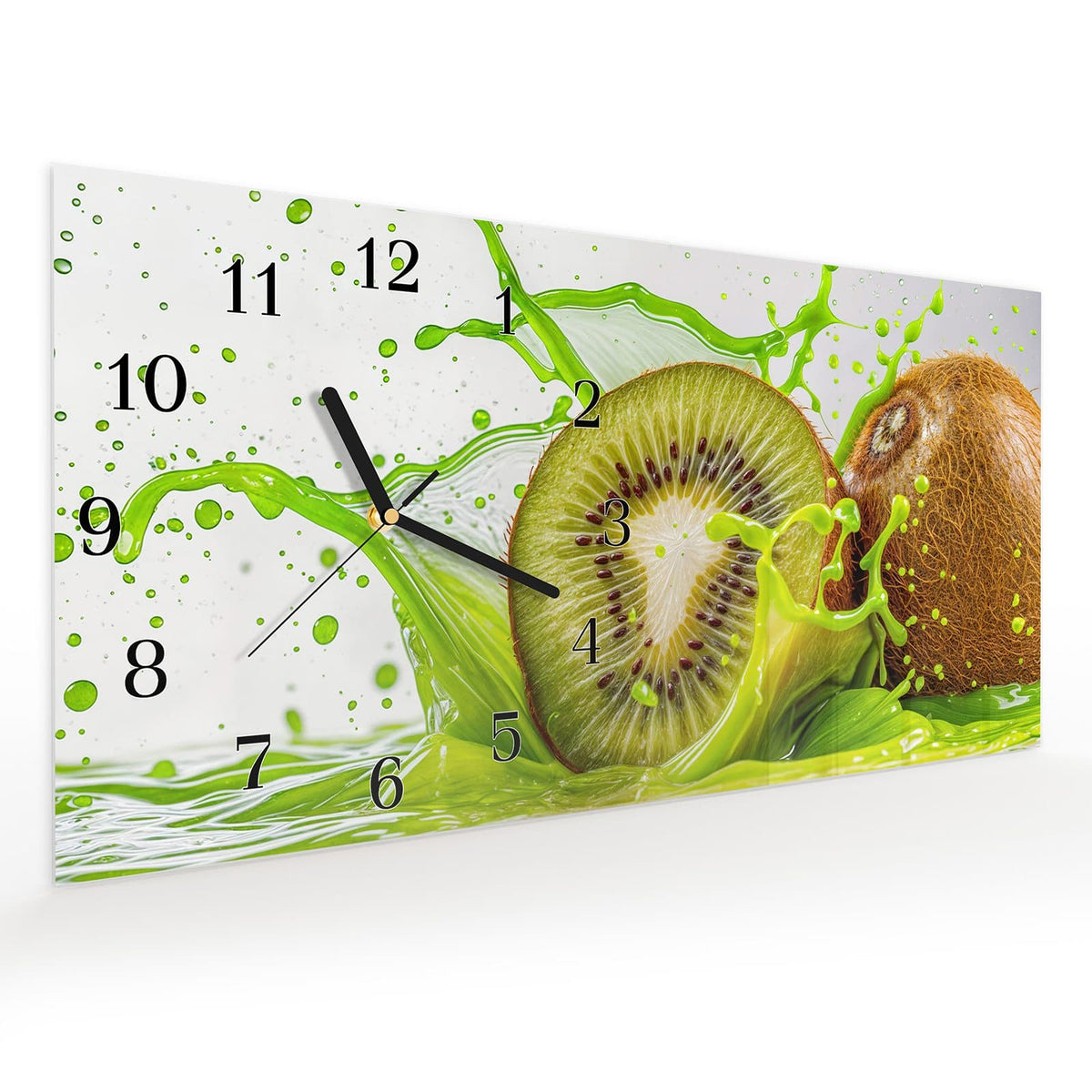 Vormontiert – mit Schwebeeffekt – Wanduhr Kiwi Spritzer aus Glas – Querformat 60 × 30 cm