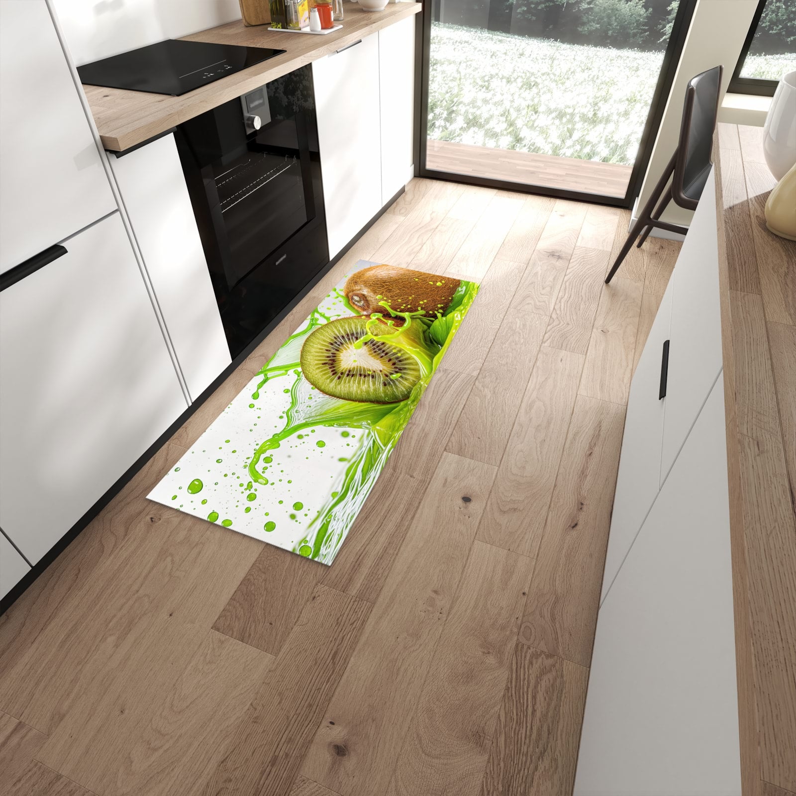 Formstabiler waschbarer Läufer für die Küche mit Motiv Kiwi Spritzer in moderner Küche #grösse_60 x 150 cm