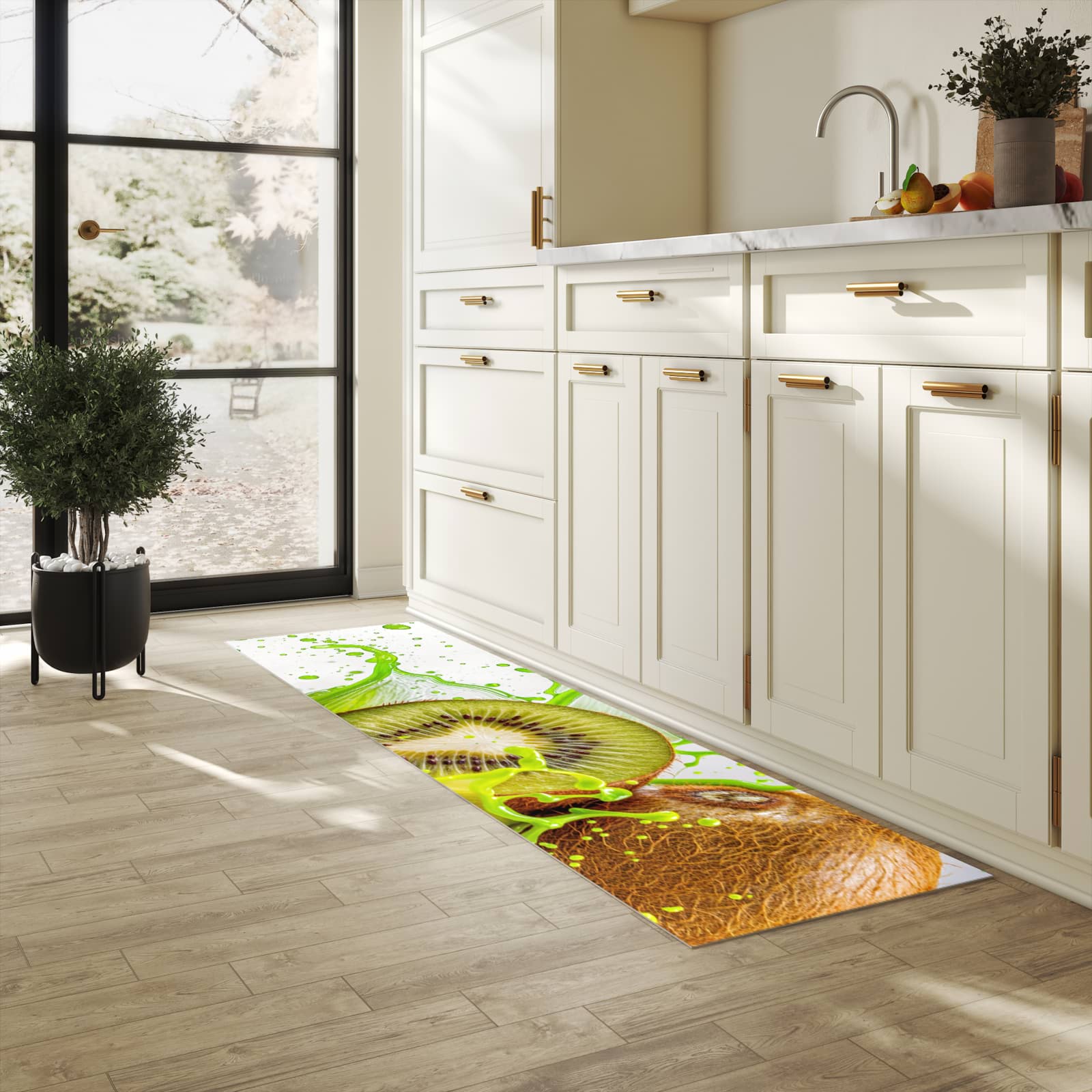 Küchenteppich mit Motiv Kiwi Spritzer in heller Küche für sichere Aufbewahrung